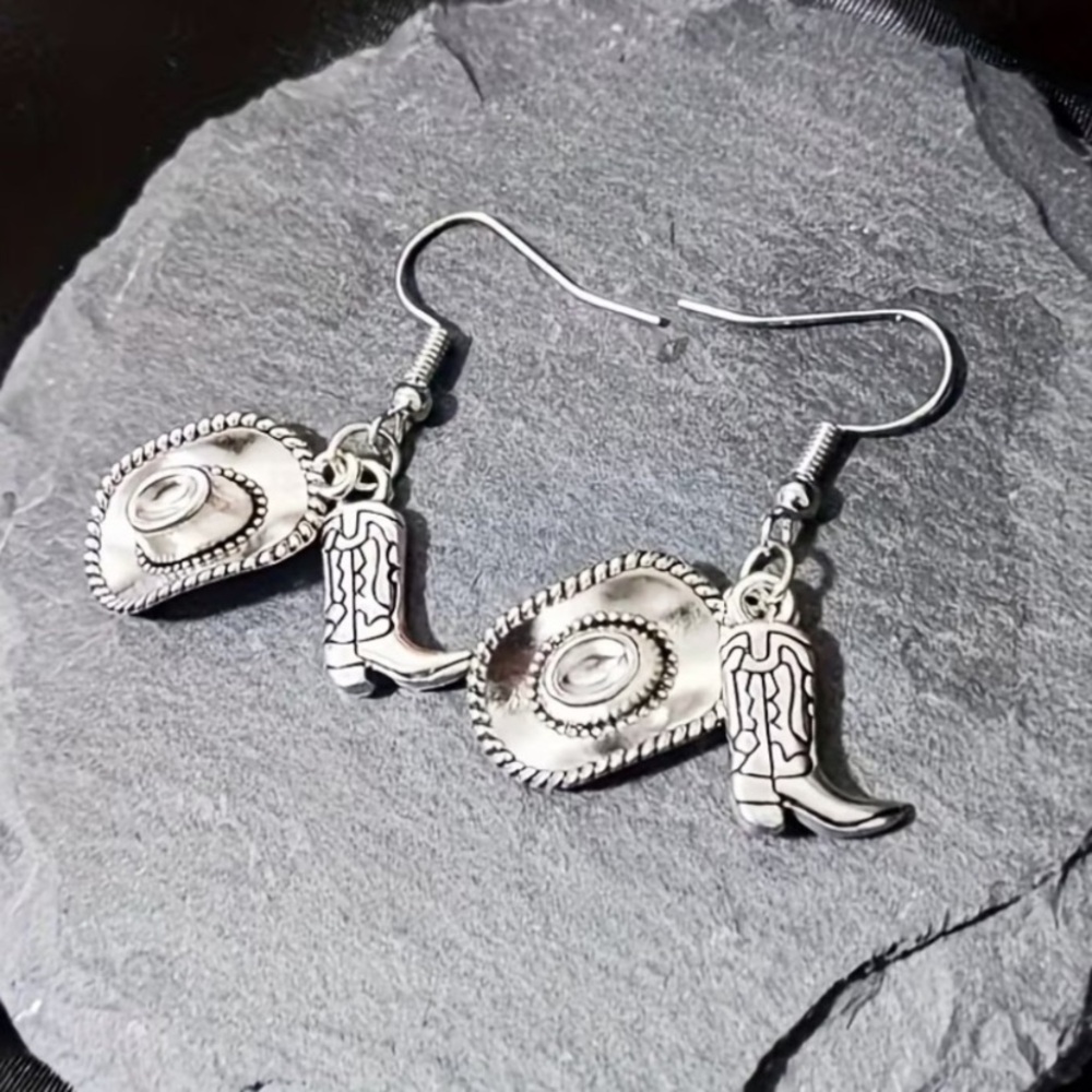 BSOGO! Western Cowboy Hat and Cowboy Boots Dangle Earrings Silver color NEW